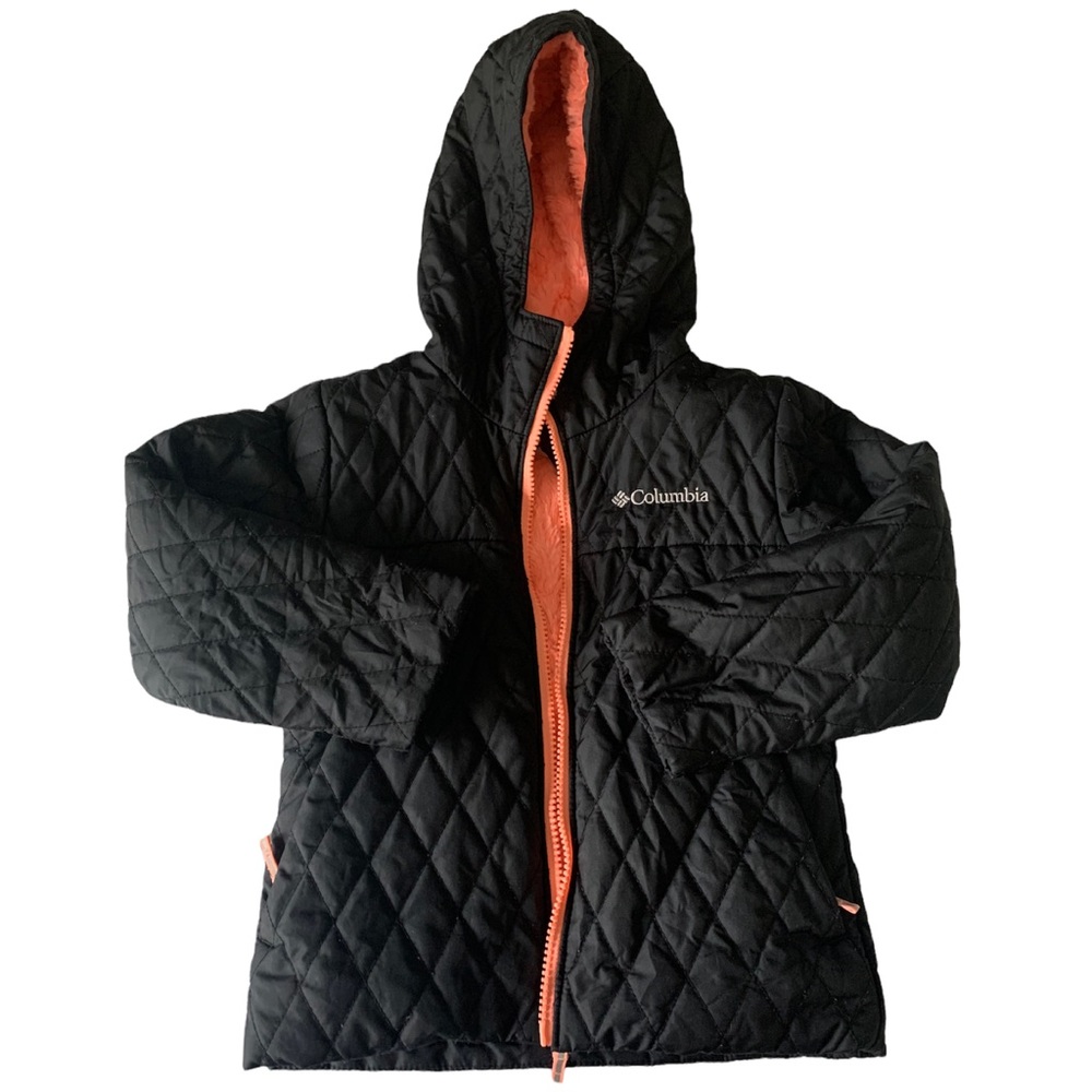 Columbia Girls Black Hooded Jacket with Coral Pink Fur lining